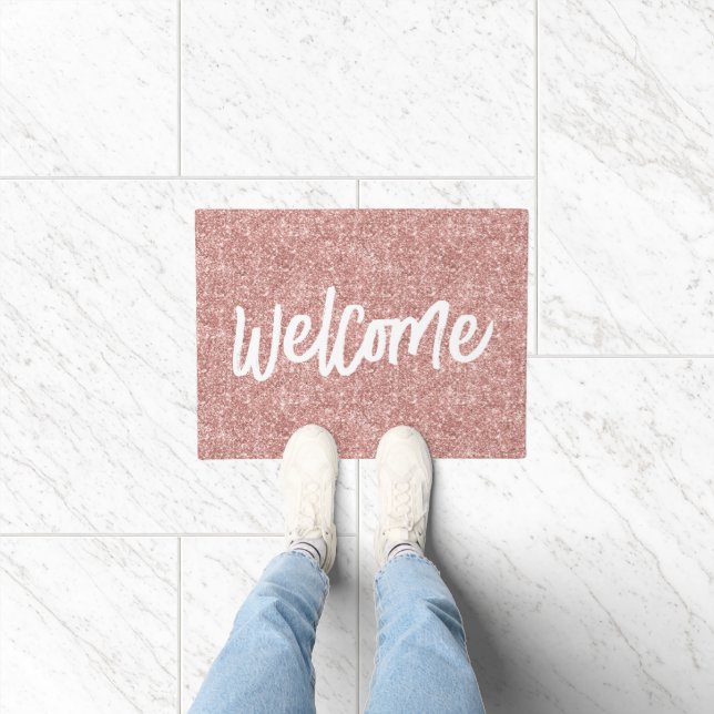 Luxury Rose Gold Glitter Brush Script Welcome Doormat (Indoor)