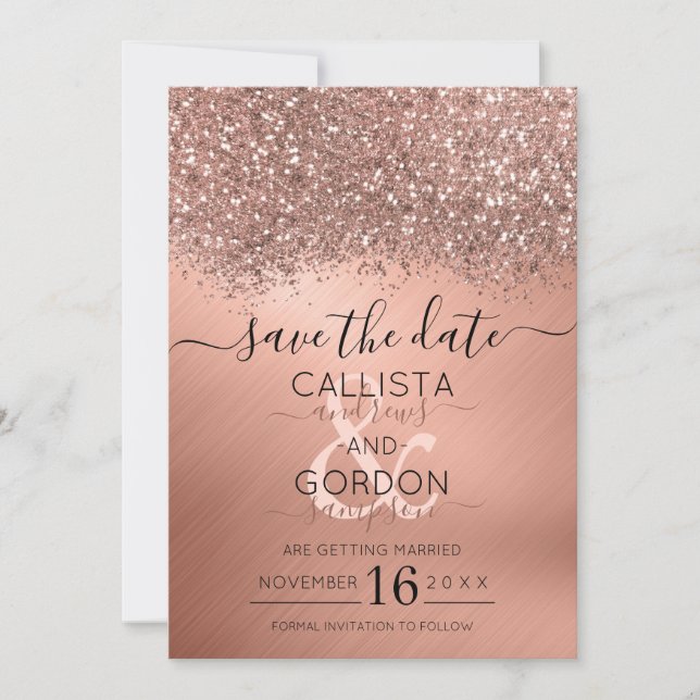 Luxury Rose Gold Glitter Confetti Metallic Wedding Save The Date (Front)