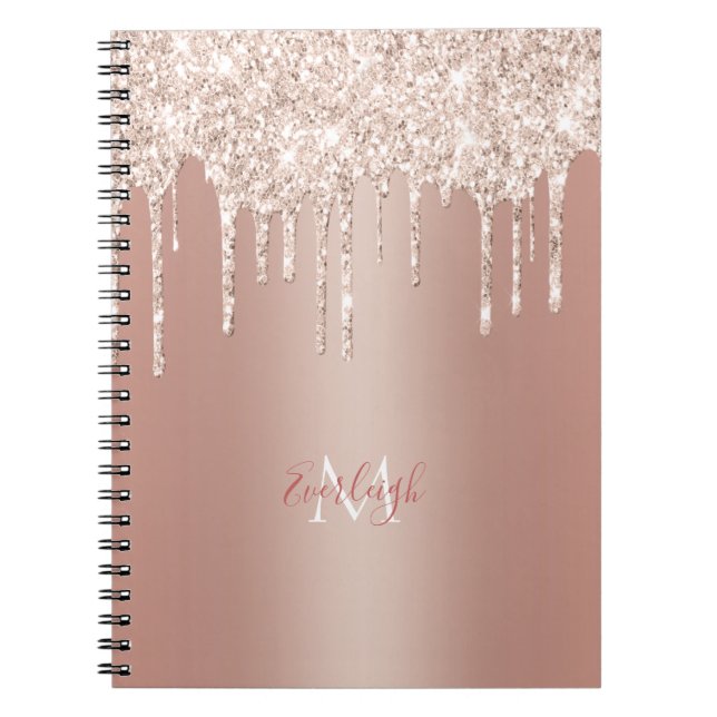 Luxury Rose Gold Glitter Drip with Name/Monogram Notebook (Front)