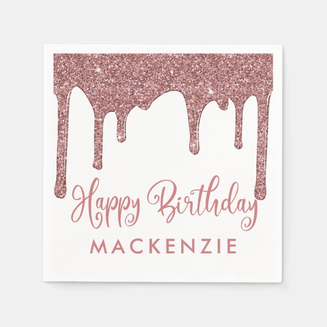Luxury Rose Gold Glitter Drips Birthday Napkin (Front)