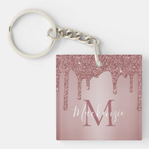 Luxury Rose Gold Glitter Drips Monogram Key Ring