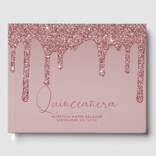 Luxury Rose Gold Glitter Drips Quinceanera Guest Book