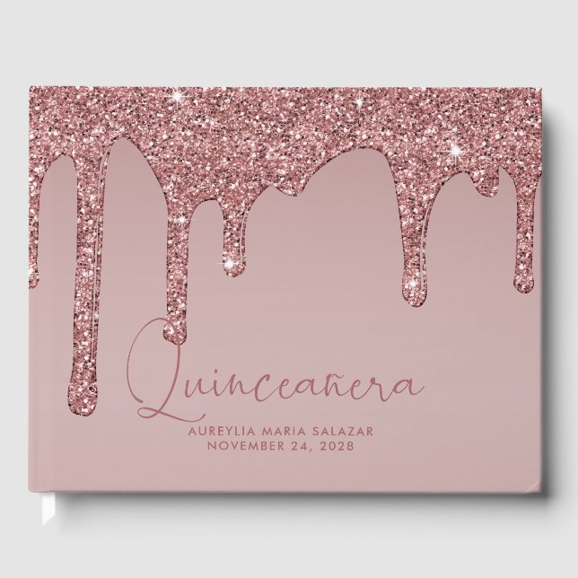 Luxury Rose Gold Glitter Drips Quinceanera Photo Guest Book (Front)
