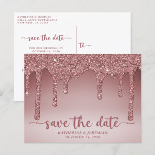 Luxury Rose Gold Glitter Drips Save The Date Announcement Postcard