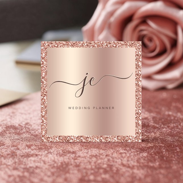 Luxury Rose Gold Glitter & Foil Script Monogram  Square Business Card (Creator Uploaded)