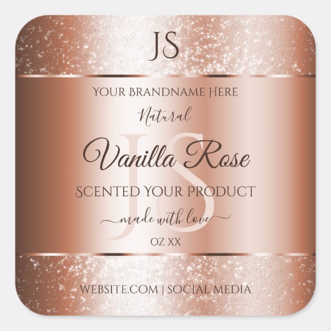 Luxury Rose Gold Glitter Initials Product Labels (Front)