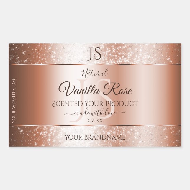 Luxury Rose Gold Glitter Initials Product Labels (Front)