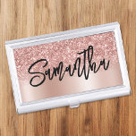 Luxury Rose Gold Glitter Shimmer Personalised Business Card Holder<br><div class="desc">Girly glam business card holder for her featuring a luxury faux rose gold glitter with sparkle and pale rose gold and blush shimmer ombre colour block design. The name features a black modern handwritten lettering brush script calligraphy style. Customise the font colour, size and style in this text design. You...</div>