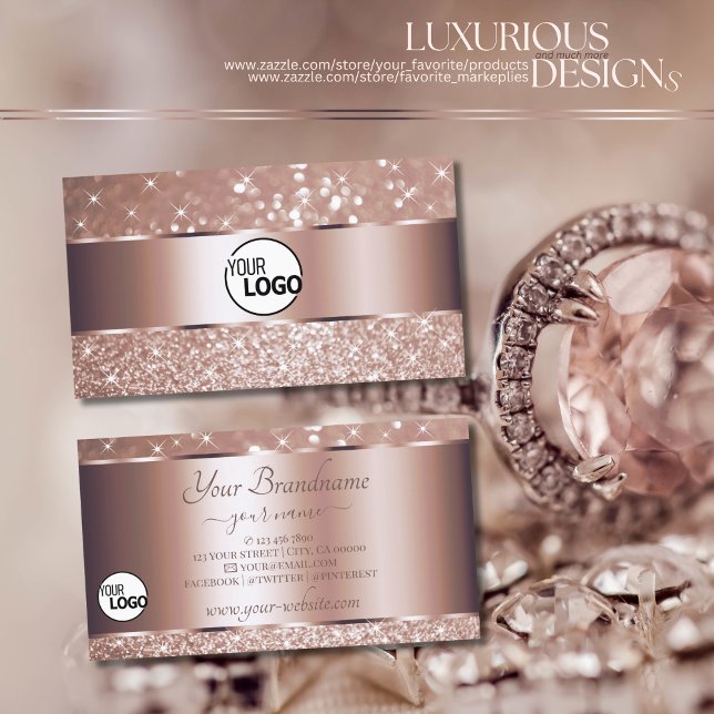 Luxury Rose Gold Glitter Sparkling Stars and Logo Business Card (Creator Uploaded)