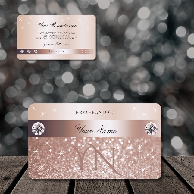 Luxury Rose Gold Glitter Sparkling Stars Monogram Business Card (Creator Uploaded)