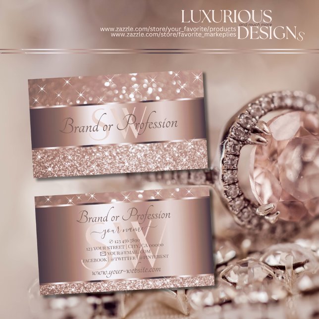 Luxury Rose Gold Glitter Sparkling Stars Monogram Business Card (Creator Uploaded)
