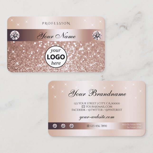 Luxury Rose Gold Glitter Sparkling Stars with Logo Business Card (Front/Back)