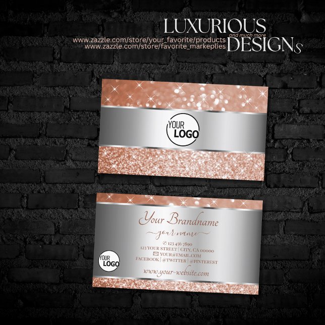 Luxury Rose Gold Glitter Stars and Logo Silver Business Card (Creator Uploaded)