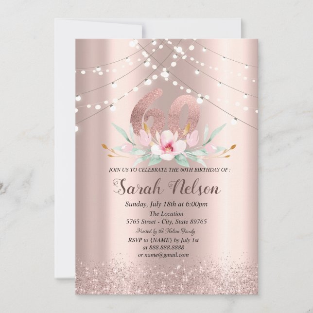 Luxury Rose Gold Glitter String Lights Flower Invitation (Front)