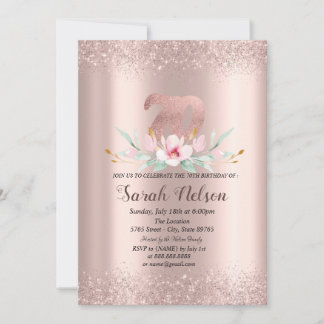Luxury Rose Gold Glitter Watercolor Flower 70th Invitation