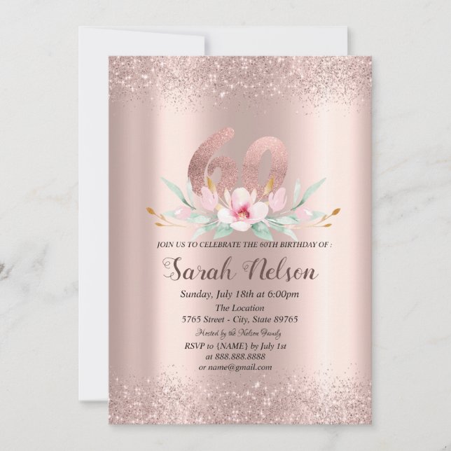 Luxury Rose Gold Glitter Watercolor Flower Invitation (Front)