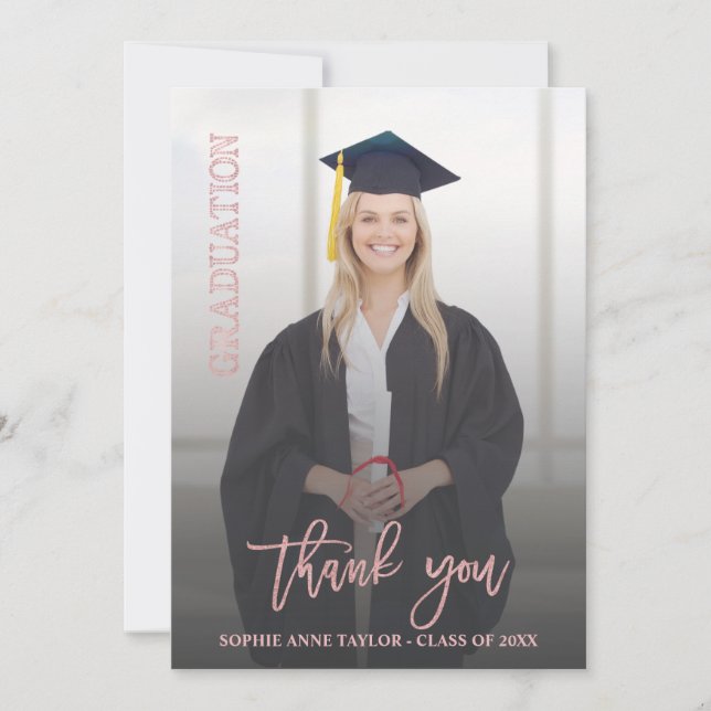 Luxury Rose Gold Graduation Thank You Photo Card (Front)