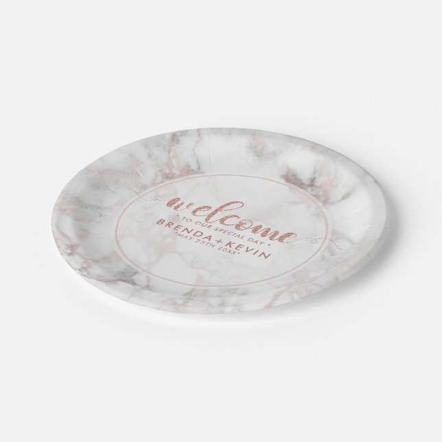 Luxury Rose-gold Marble Welcome Typography Paper Plate (Angled)