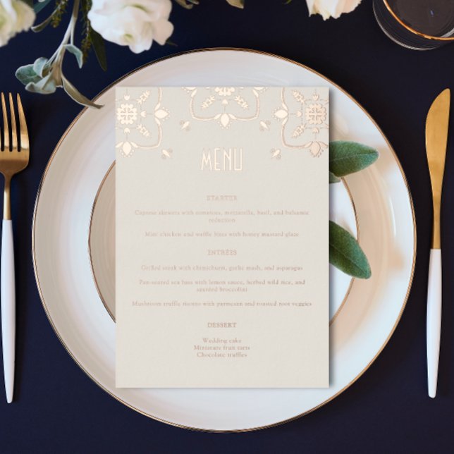 Luxury Rose Gold Mediterranean Tile Wedding Menu (Creator Uploaded)