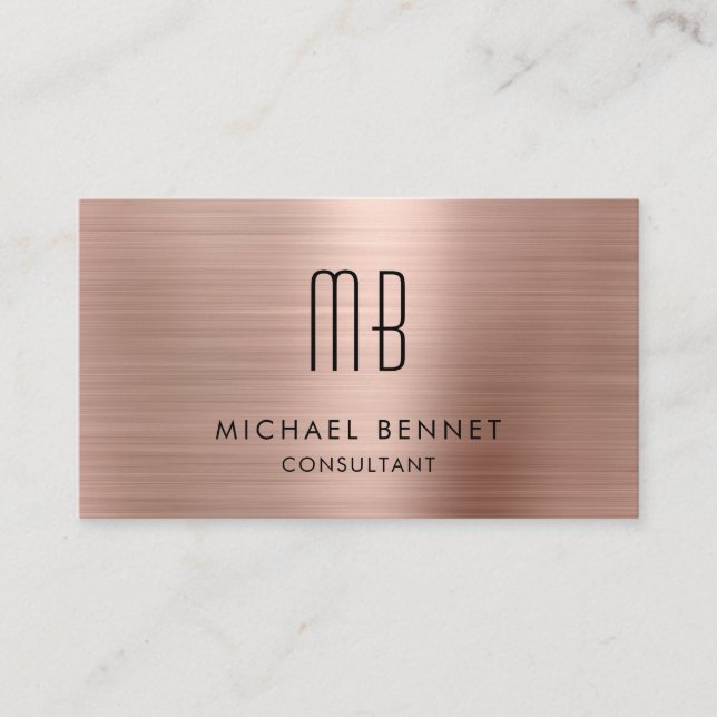 Luxury Rose Gold Metallic Monogram Consultant Business Card (Front)