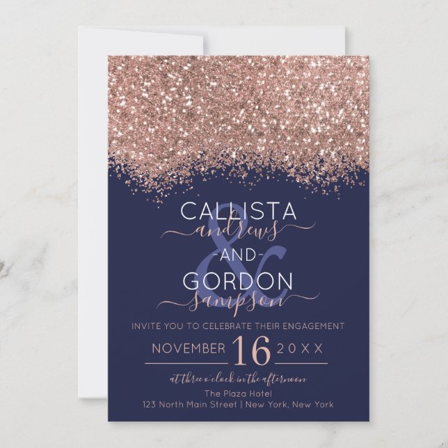 Luxury Rose Gold Navy Glitter Confetti Engagement Invitation (Front)