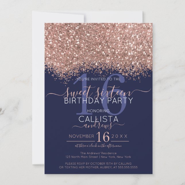 Luxury Rose Gold Navy Glitter Confetti Sweet 16 Invitation (Front)