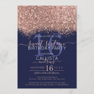 Luxury Rose Gold Navy Glitter Confetti Sweet 16 Invitation