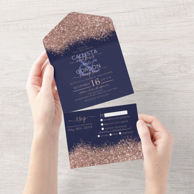 Luxury Rose Gold Navy Glitter Confetti Wedding All In One Invitation (Tearaway)