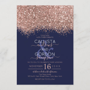 Luxury Rose Gold Navy Glitter Confetti Wedding Invitation