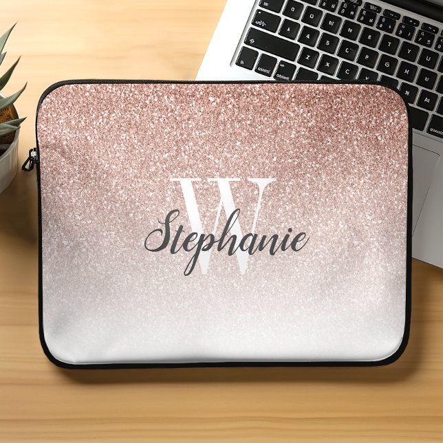Luxury Rose Gold Ombre Faux Glitter Monogram Laptop Sleeve (Creator Uploaded)