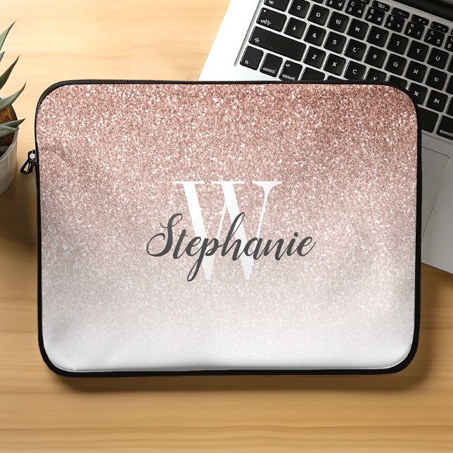 Luxury Rose Gold Ombre Faux Glitter Monogram Laptop Sleeve (Creator Uploaded)
