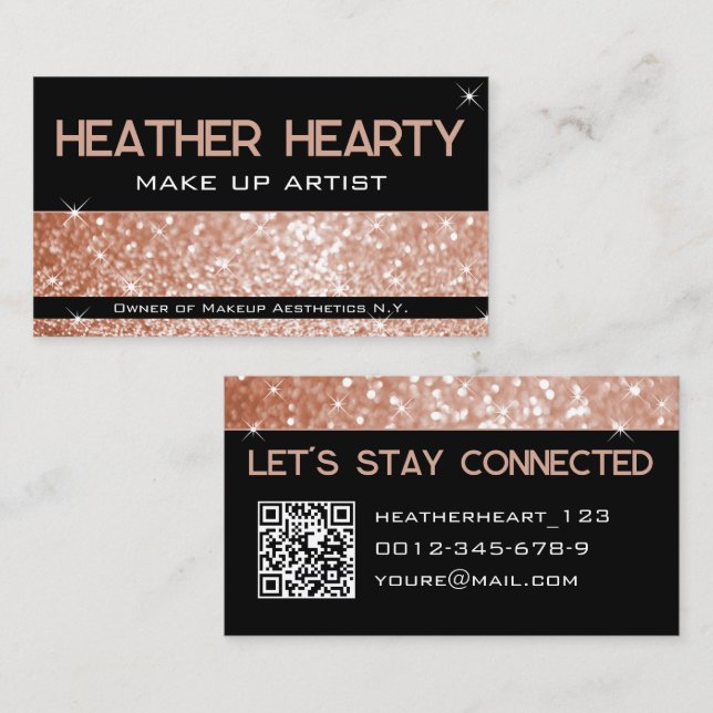 Luxury Rose Gold Peach Pink Glitter with QR Code Business Card (Front/Back)