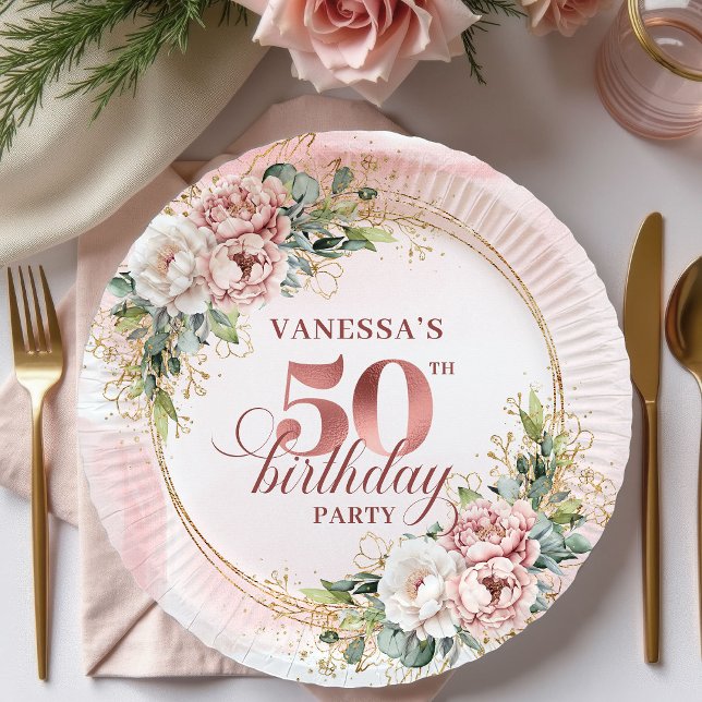 Luxury Rose Gold Peonies 50th Birthday Party Plate (Luxury Rose Gold Peonies 50th Birthday Party Plates)
