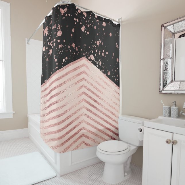 Luxury Rose Gold Pink Black Chevron Paint Splatter Shower Curtain (In Situ)