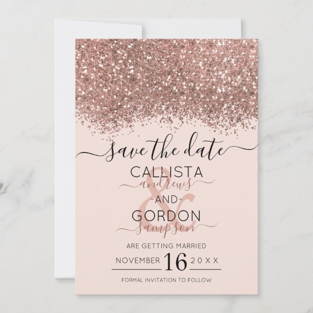 Luxury Rose Gold Pink Glitter Confetti Wedding Save The Date (Front)