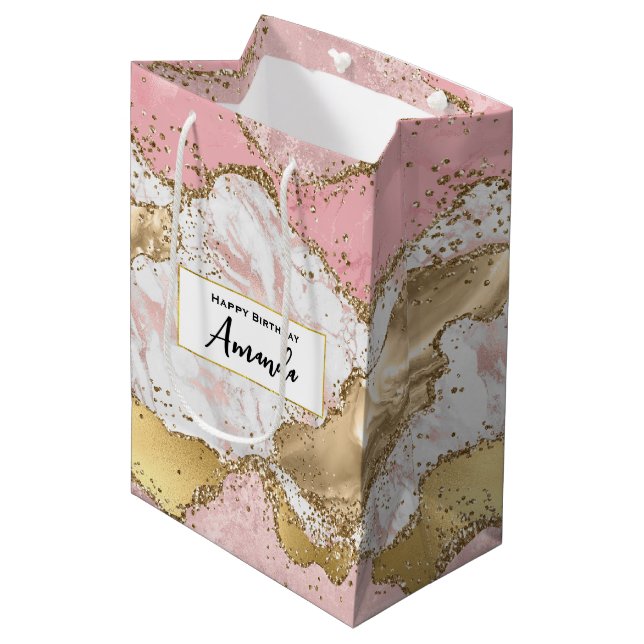Luxury Rose Gold Pink Marble Design Birthday Medium Gift Bag (Front Angled)