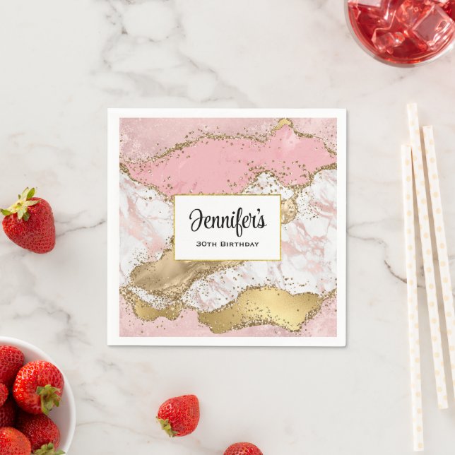 Luxury Rose Gold Pink Marble Design Birthday Napkin (Insitu)