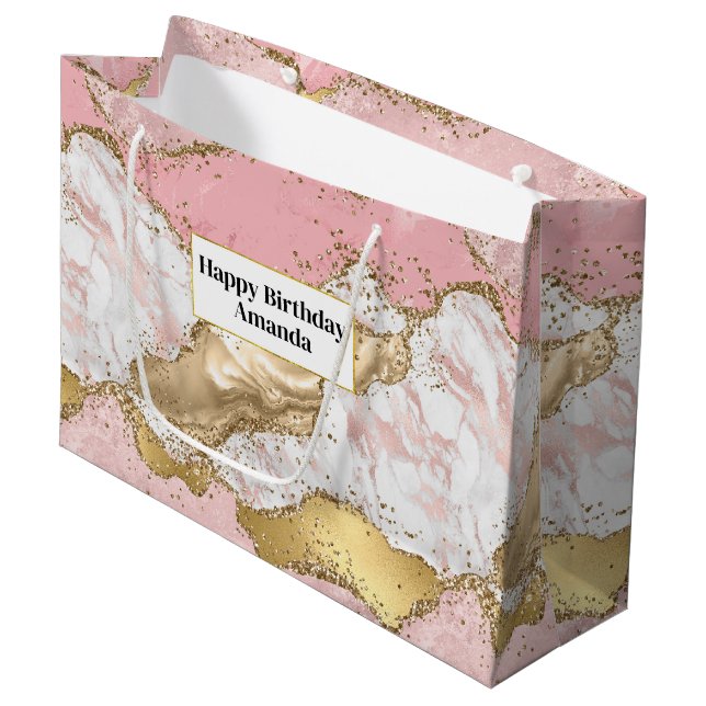Luxury Rose Gold Pink Marble Design Large Gift Bag (Front Angled)