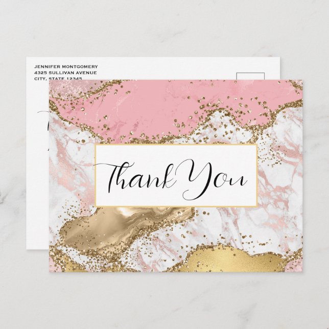 Luxury Rose Gold Pink Marble Design Thank You Postcard (Front/Back)