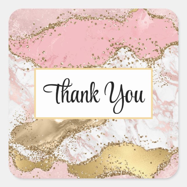 Luxury Rose Gold Pink Marble Design Thank You Square Sticker (Front)