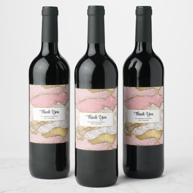 Luxury Rose Gold Pink Marble Design Thank You Wine Label (Bottles)