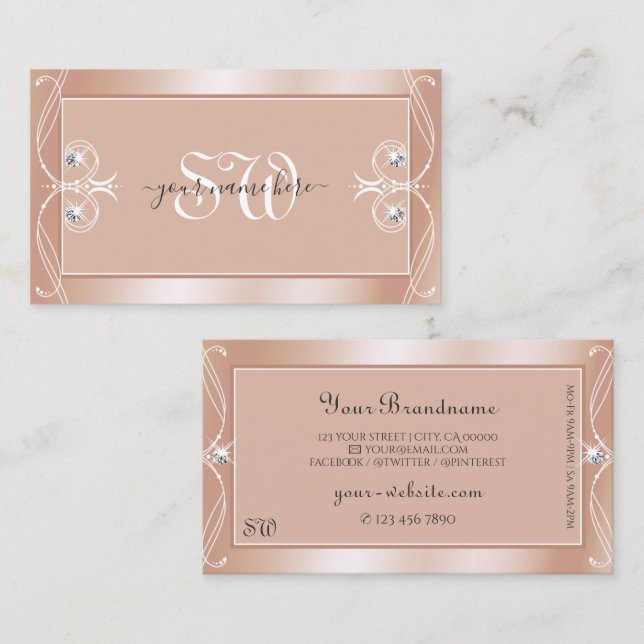 Luxury Rose Gold Sparkle Diamonds Initials Ornate Business Card (Front/Back)