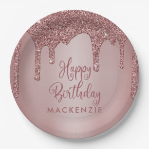 Luxury Rose Gold Sparkle Glitter Drips Birthday Paper Plate