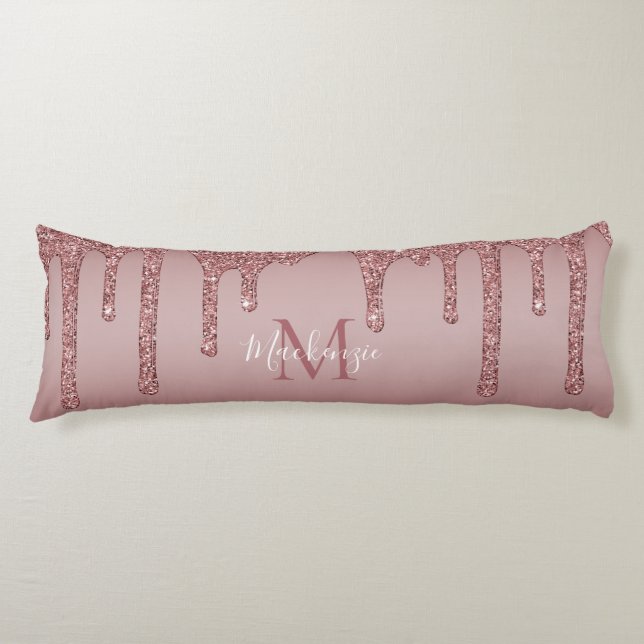 Luxury Rose Gold Sparkle Glitter Drips Monogram Body Cushion (Front)