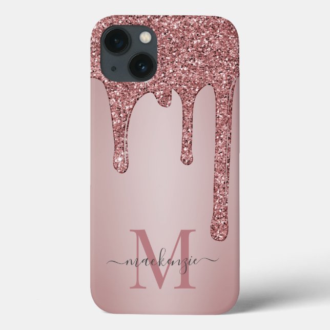 Luxury Rose Gold Sparkle Glitter Drips Monogram Case-Mate iPhone Case (Back)