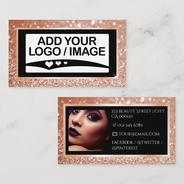 Luxury Rose Gold Sparkle Logo Photo Template Business Card (Front/Back)