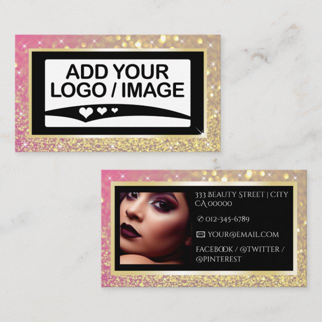 Luxury Rose Gold Sparkle Logo Photo Template Business Card (Front/Back)
