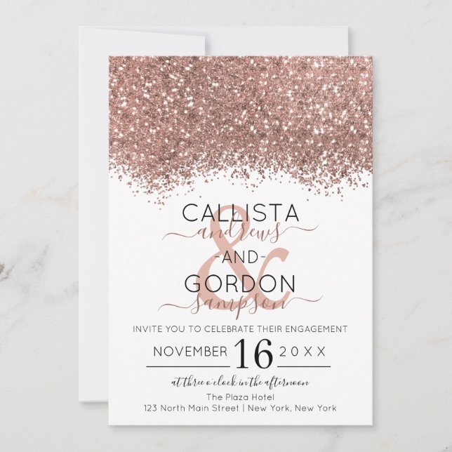 Luxury Rose Gold White Glitter Confetti Engagement Invitation (Front)