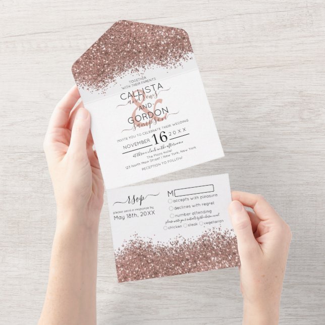 Luxury Rose Gold White Glitter Confetti Wedding All In One Invitation (Tearaway)