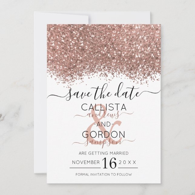 Luxury Rose Gold White Glitter Confetti Wedding Save The Date (Front)